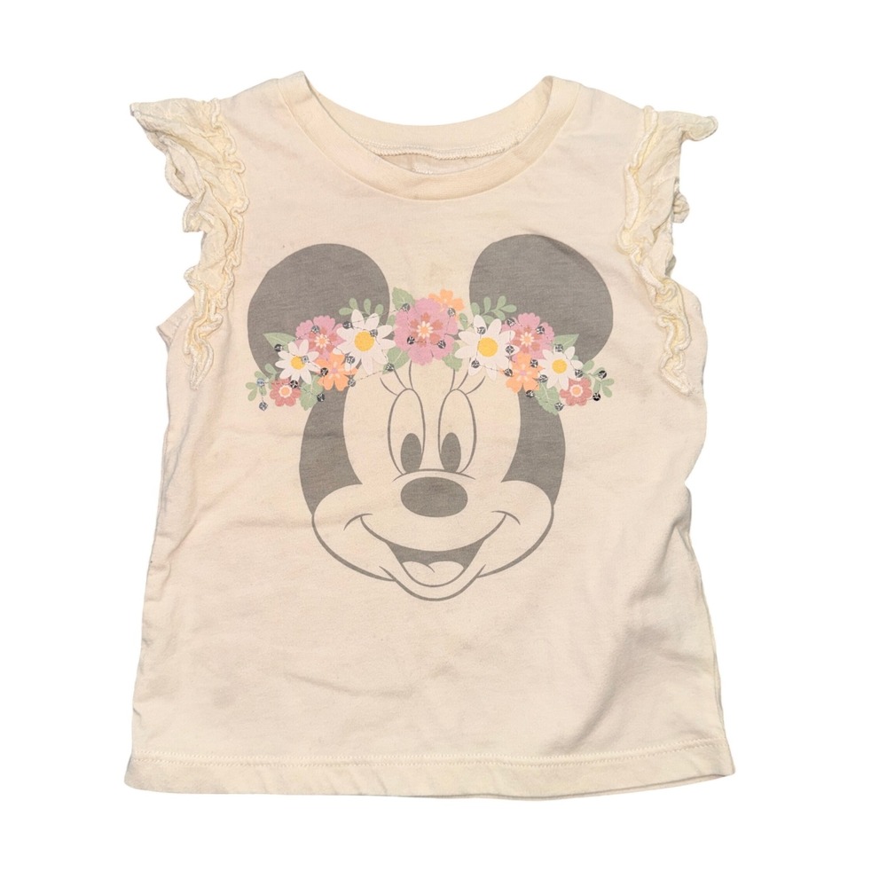 Disney Junior Minnie Mouse Floral Sequin Ruffle Sleeve Top Cream Girls 3T